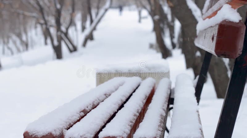 Neige tombée dans le parc d'hiver banquette vide sous la neige avec des dérives de neige par promenade dans l'allée en saison de n clips vidéos