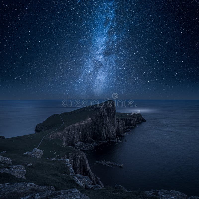 Neist point lighthouse at night, Isle of Skye, Scotland stock image Neist point lighthouse at night, Isle of Skye, Scotland stock image