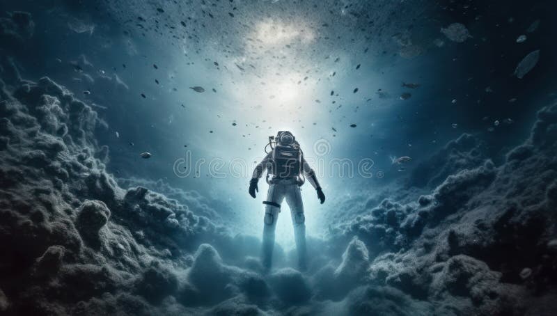 Nell'abisso esplorando il misterioso fondo dell'oceano oscuro, l'aria generativa illustrazione di stock