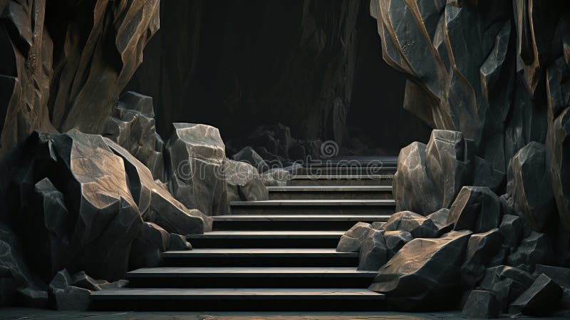Nell'ombra : esplorando le scale misteriose all'interno di una grotta di pietra scura con aria generativa illustrazione vettoriale