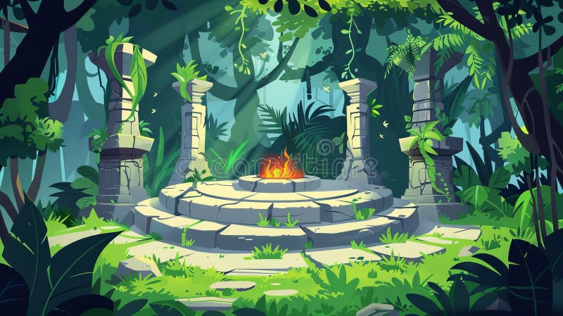 In the jungle, an ancient stone circle altar with fire is surrounded by pillars with pagan symbols. Modern cartoon illustration of a rainforest landscape with green grass, trees, lianas, and an old. AI generated. In the jungle, an ancient stone circle altar with fire is surrounded by pillars with pagan symbols. Modern cartoon illustration of a rainforest landscape with green grass, trees, lianas, and an old. AI generated