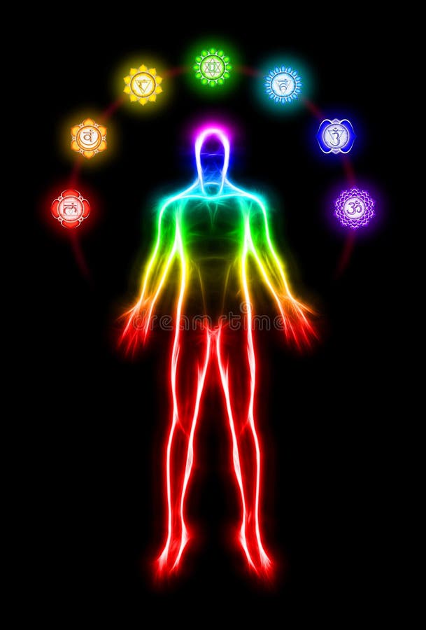 Nella meditazione con i chakras illustrazione di stock Nella meditazione con i chakras illustrazione di stock