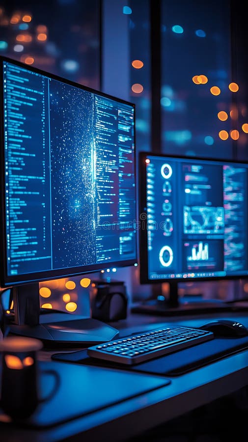 Nella schermata del computer vengono visualizzati il codice e i dati relativi alla programmazione. Uno spazio di lavoro scarsamente illuminato è dotato di due monitor di grandi dimensioni che visualizzano vari codici di programmazione e visualizzazioni dei dati. Gli schermi presentano combinazioni di colori blu e nero con linee di grafici e grafici di codice. Una tastiera e un mouse vengono posizionati sulla scrivania insieme a una tazza e ad altri oggetti per ufficio. Le luci a fuoco sfuocate sono visibili attraverso le finestre creando un'atmosfera ambiente. L'impostazione suggerisce un ambiente di lavoro notturno incentrato sulla tecnologia.