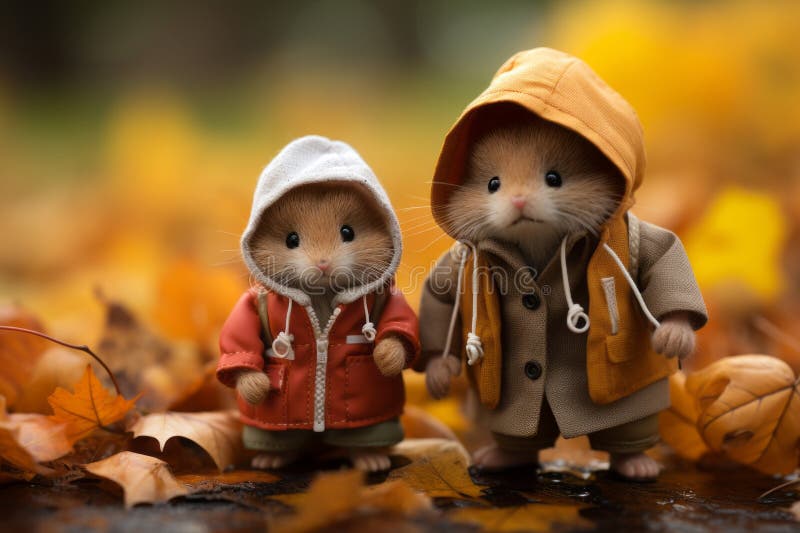 two small mice dressed in coats and hoods stand in the autumn leaves generative ai. two small mice dressed in coats and hoods stand in the autumn leaves generative ai