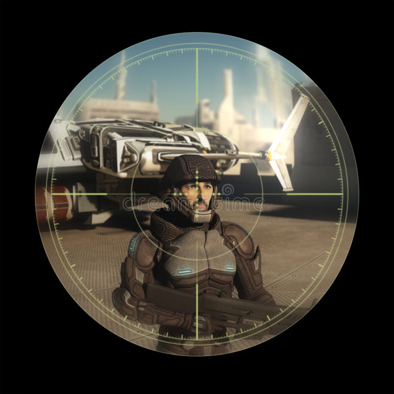 Science fiction illustration of a future soldier seen through the scope of an assassins rifle, 3d digitally rendered illustration. Science fiction illustration of a future soldier seen through the scope of an assassins rifle, 3d digitally rendered illustration