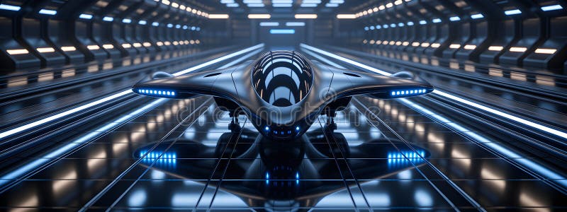 Neo-Futuristic Hovercraft in Sleek Tech Corridor stock illustration