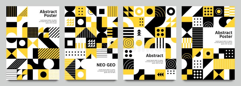 Neo-geometryczne plakaty. nowoczesny wzór siatki o kształtach geometrycznych. abstrakcyjny wektor biało-czarnego tła w kolorze żół ilustracji