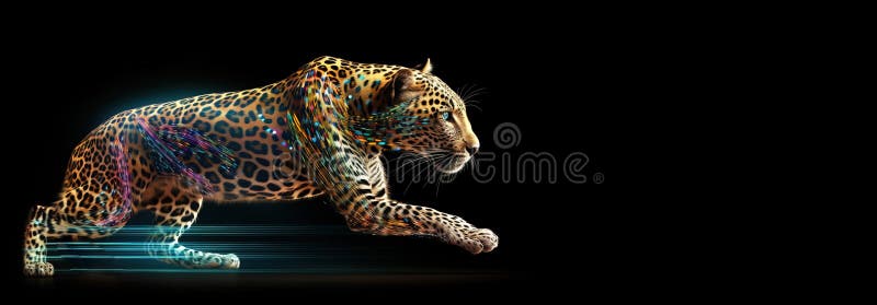 Neon abstract graphic outlines of a leopard, a wild animal. Technology concept, dark background isolate. royalty free illustration.