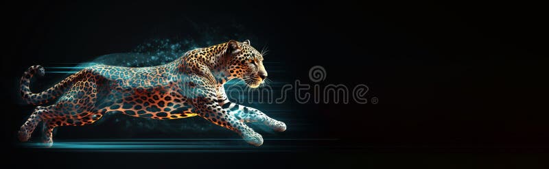 Neon abstract graphic outlines of a leopard, a wild animal. Technology concept, dark background isolate. vector illustration.