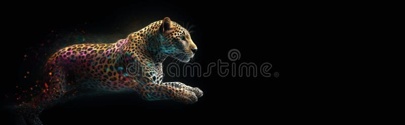 Neon abstract graphic outlines of a leopard, a wild animal. Technology concept, dark background isolate. vector illustration.