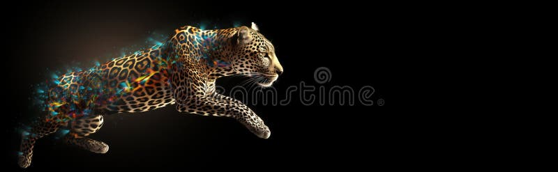 Neon abstract graphic outlines of a leopard, a wild animal. Technology concept, dark background isolate. stock illustration.