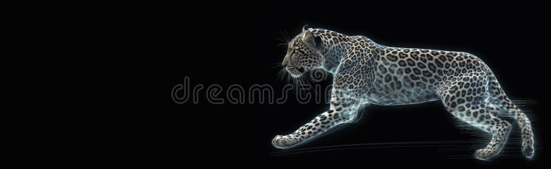 Neon abstract graphic outlines of a leopard, a wild animal. Technology concept, dark background isolate. royalty free illustration.