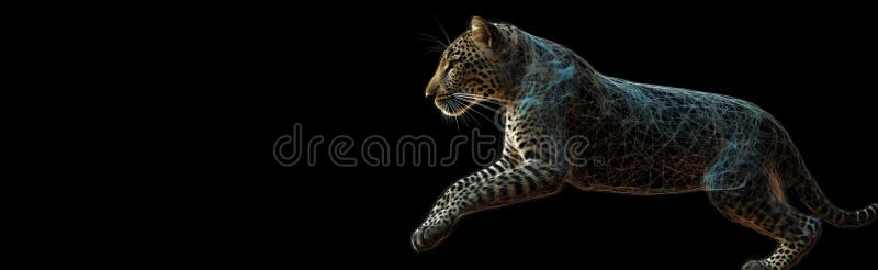 Neon abstract graphic outlines of a leopard, a wild animal. Technology concept, dark background isolate. stock illustration.
