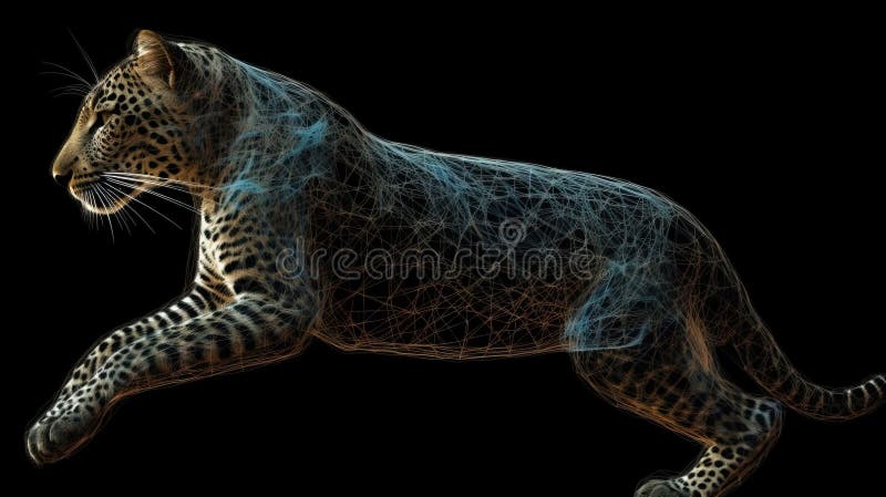 Neon abstract graphic outlines of a leopard, a wild animal. Technology concept, dark background isolate. royalty free illustration.