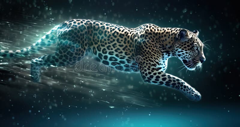 Neon abstract graphic outlines of a leopard, a wild animal. Technology concept, dark background isolate. royalty free illustration.