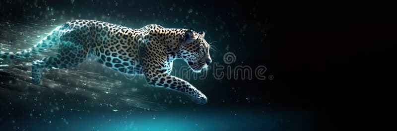 Neon abstract graphic outlines of a leopard, a wild animal. Technology concept, dark background isolate. royalty free illustration.