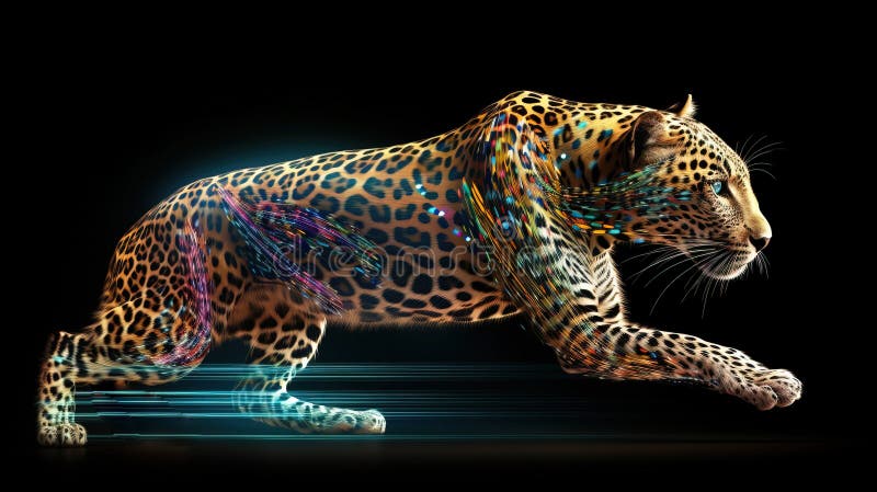 Neon abstract graphic outlines of a leopard, a wild animal. Technology concept, dark background isolate. vector illustration.
