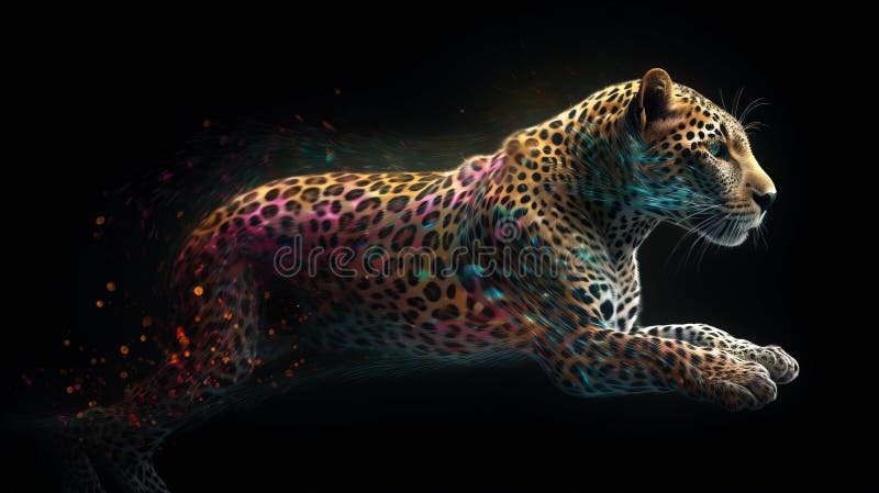 Neon abstract graphic outlines of a leopard, a wild animal. Technology concept, dark background isolate. royalty free illustration.