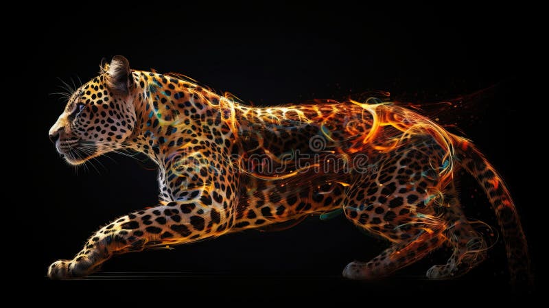 Neon abstract graphic outlines of a leopard, a wild animal. Technology concept, dark background isolate. stock illustration.