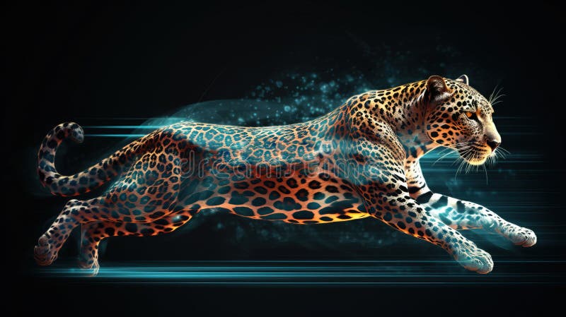 Neon abstract graphic outlines of a leopard, a wild animal. Technology concept, dark background isolate. royalty free illustration.