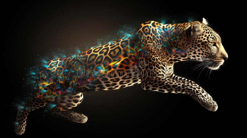 Neon abstract graphic outlines of a leopard, a wild animal. Technology concept, dark background isolate. vector illustration.
