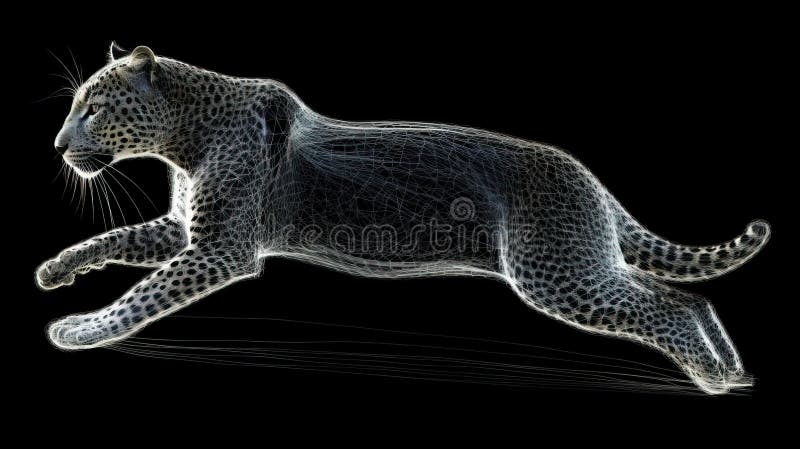 Neon abstract graphic outlines of a leopard, a wild animal. Technology concept, dark background isolate. stock illustration.