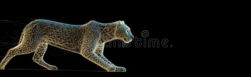 Neon abstract graphic outlines of a leopard, a wild animal. Technology concept, dark background isolate. royalty free illustration.