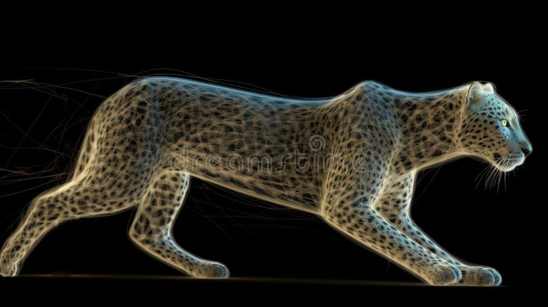 Neon abstract graphic outlines of a leopard, a wild animal. Technology concept, dark background isolate. vector illustration.