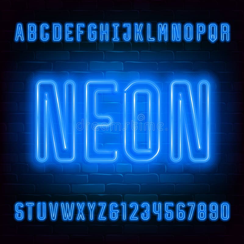 Neon Blue Alphabet On Brick Wall Background. Capital Letter. Stock ...