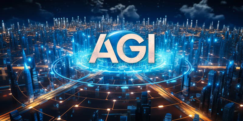 Neon blue agi-bokstäver som betecknar artificiell intelligens i digitala cybernetiska citysfunktioner stock illustrationer