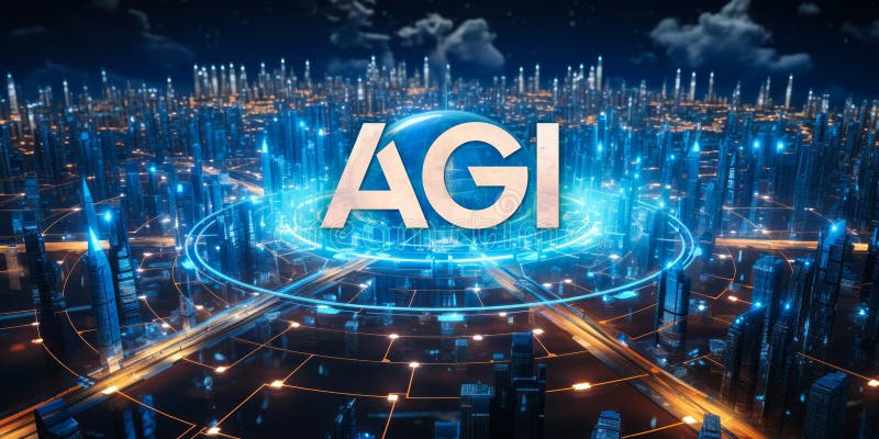 Neon blue agi-bokstäver som betecknar artificiell intelligens i digitala cybernetiska citysfunktioner stock illustrationer