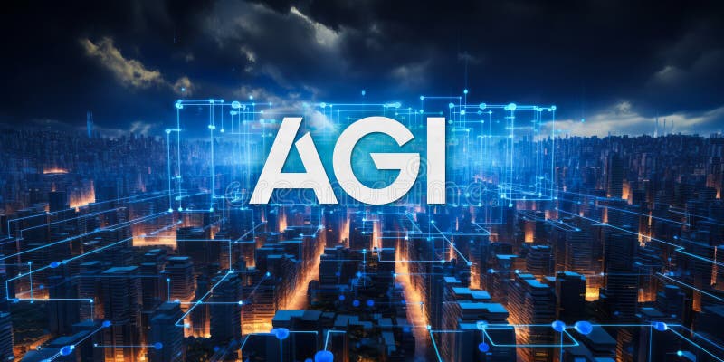 Neon blue agi-bokstäver som betecknar artificiell intelligens i digitala cybernetiska citysfunktioner stock illustrationer