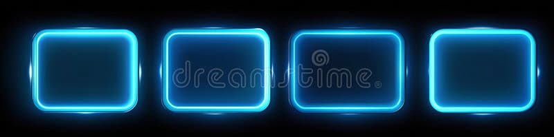 Neon blue futuristic frames illuminate a dark background, featuring geometric tech designs including oval, asymmetric stock photography