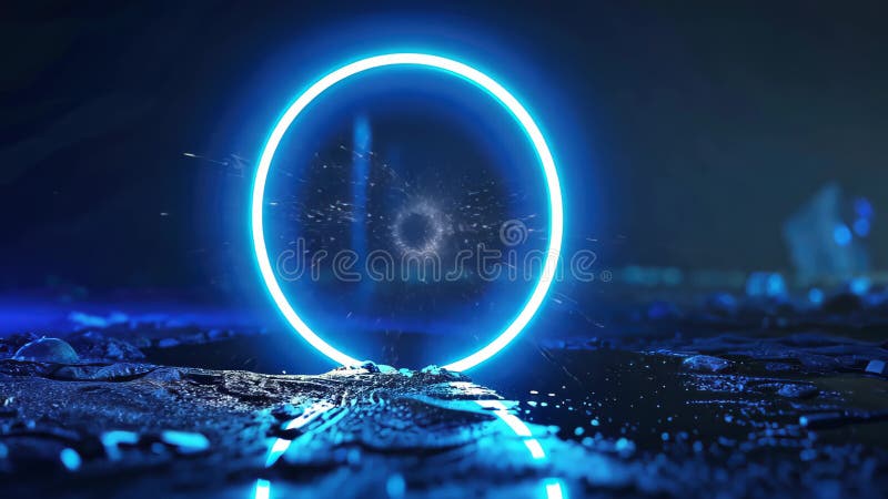 Neon blue geometric circle stands out against a dark background, creating a captivating contrast. vector illustration.