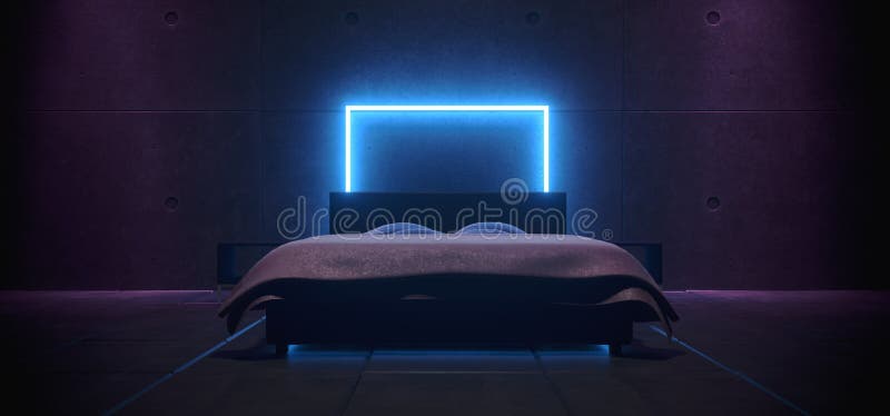 Neon Blue Glowing Modern Minimalistic Concrete Industrial Wall Realistic Bedroom With Big Bed