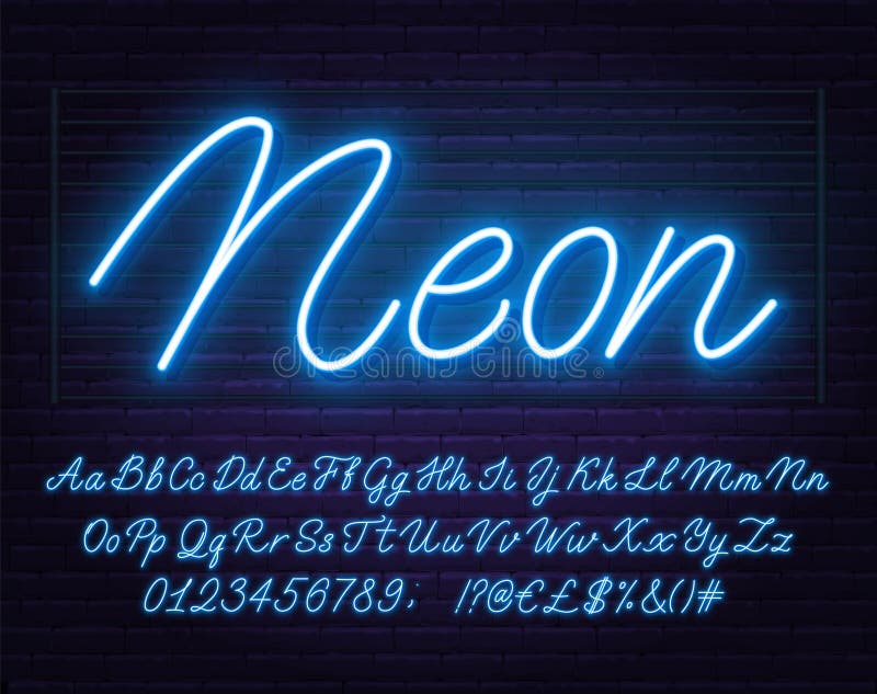 Neon white script alphabet. Glowing cursive font with letters, numbers and  special characters Stock Vector Image & Art - Alamy