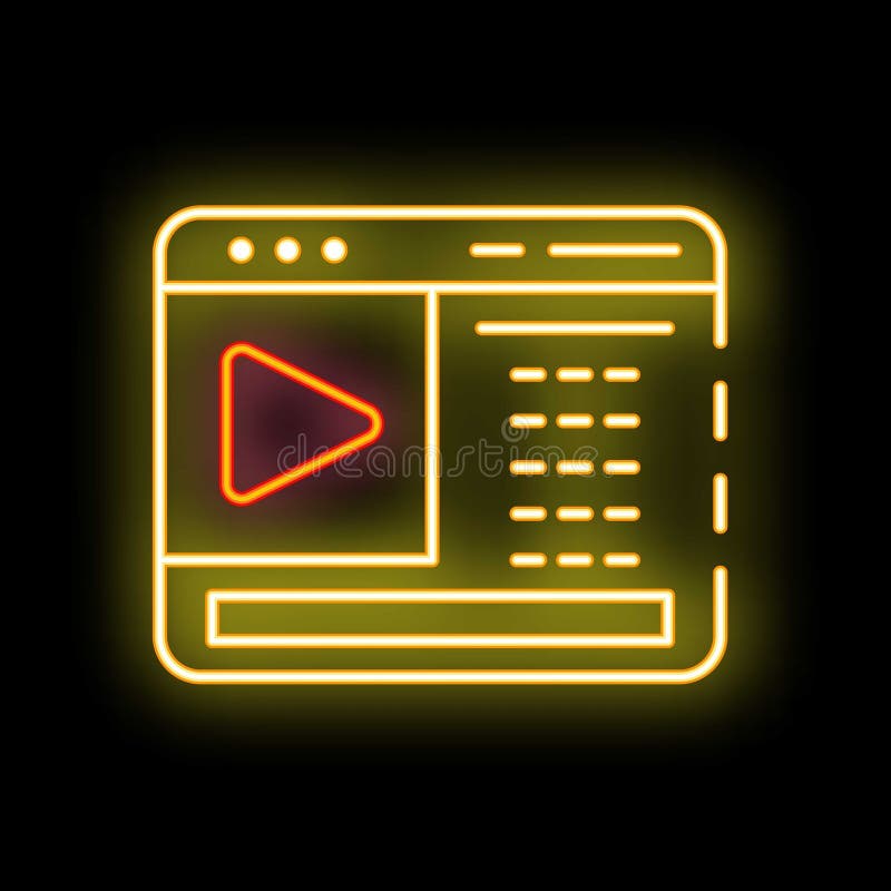 Neon browser window displaying video content on black background stock illustration