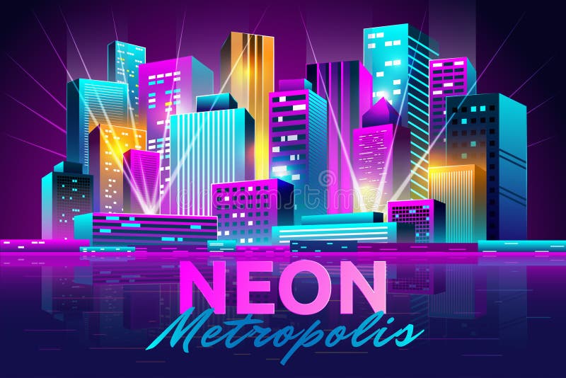 cyberpunk,city,metropolis,neon, rain,art illustration Stock Illustration