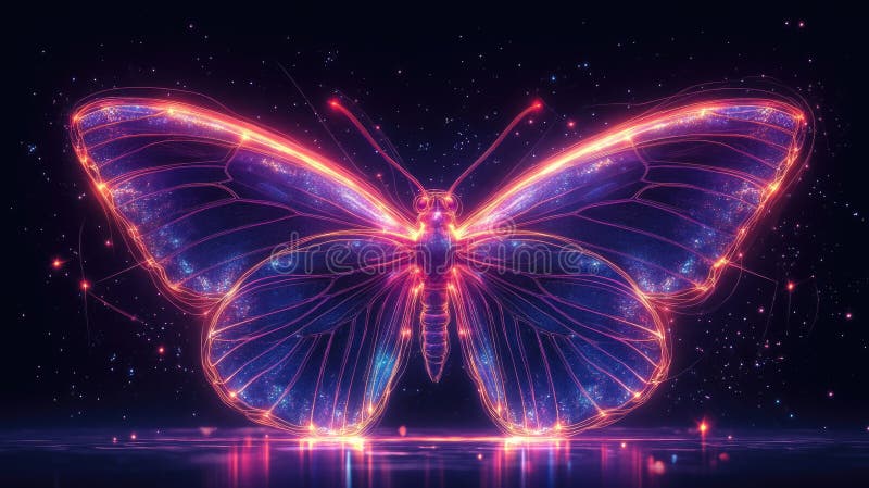Neon butterfly: luminescent wings against starry night sky stock photography