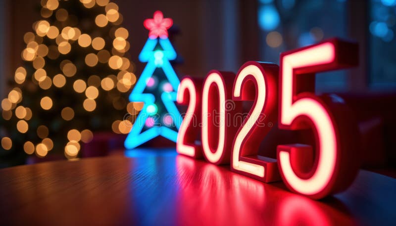 Neon 2025 błyszczy jasno. świąteczne drzewo świąteczne z bokeh light. obchody nowego roku. szczęśliwy sezon świąteczny. jaskrawo k ilustracja wektor