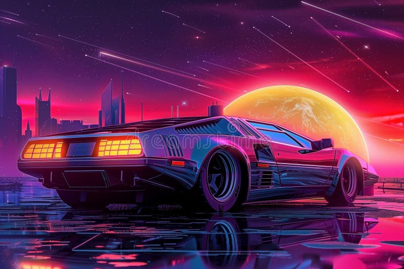 Neon car in 80s synthwave style racing to the city. Ai illustration.