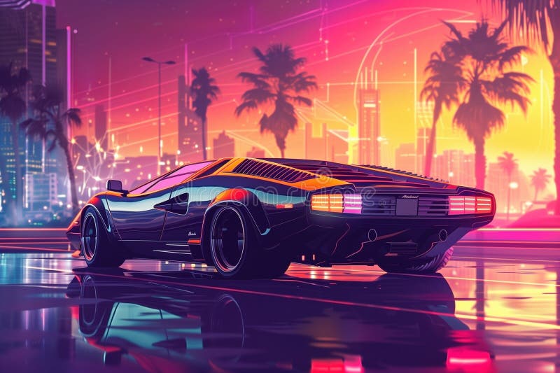 Neon car in 80s synthwave style racing to the city. Ai illustration.