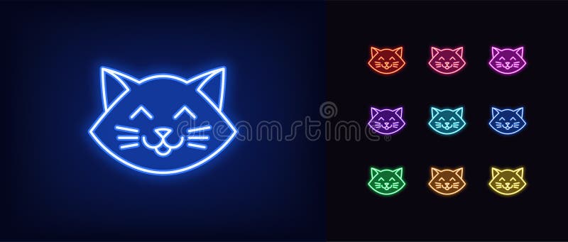 Neon cat head, świecąca ikona Neon kitten twarzy z wąsami, słodkie i śmieszne koty emoji ilustracja wektor