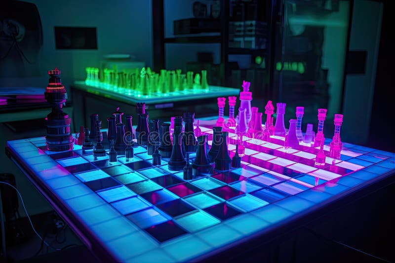 Neon chess game being played in high-tech laboratory stock illustration