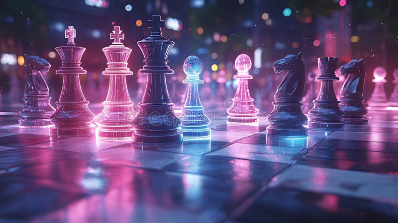 Neon Chess Game Cityscape Night Strategy stock illustration
