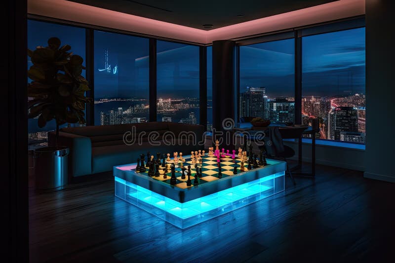 Neon chess game in high-tech luxury penthouse apartment vector illustration