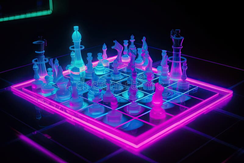 Neon chess game, with the neon pieces in action on futuristic board stock illustration