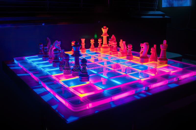 Neon chess game, with the pieces and board bathed in bright light vector illustration