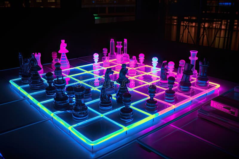 Neon chess game, with pieces in motion and battles taking place vector illustration