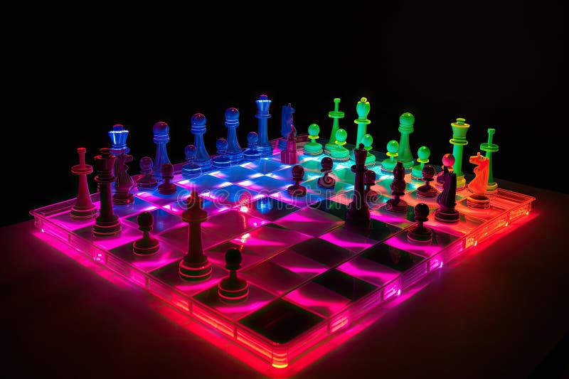 Neon chess game, with pieces in motion and battles taking place royalty free illustration